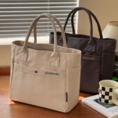 日系简约通勤刺绣加厚帆布手提包文艺日常百搭便携学生餐盒托特包