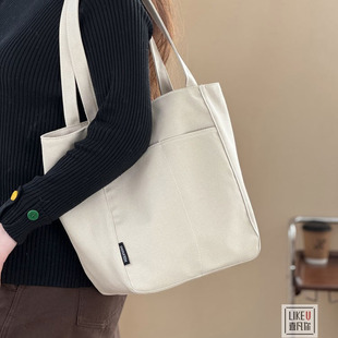 原创自制日韩文艺慵懒简约拉链单肩帆布包学生通勤休闲百搭托特包