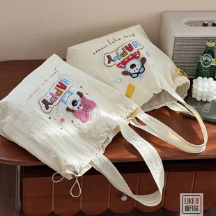 韓系文藝可愛卡通掌門狗刺繡帆布包袋慵懶日常百搭學(xué)生單肩托特包