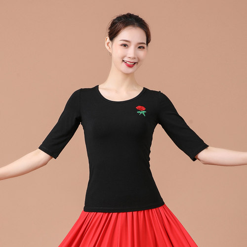 莫代尔棉女修身绣花舞蹈T恤