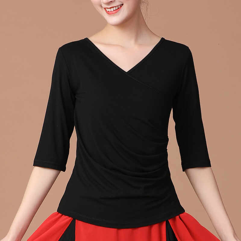 莫代尔中袖T恤女夏季五分袖广场舞蹈服遮肚V领正肩中短袖体恤上衣