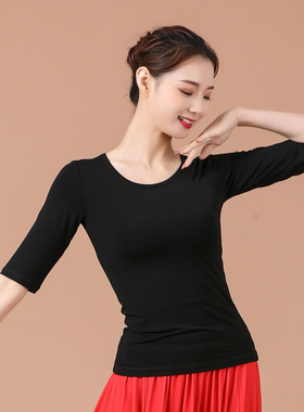 莫代尔棉五分袖t恤修身显瘦黑色圆领中袖舞蹈服打底衫广场舞上衣