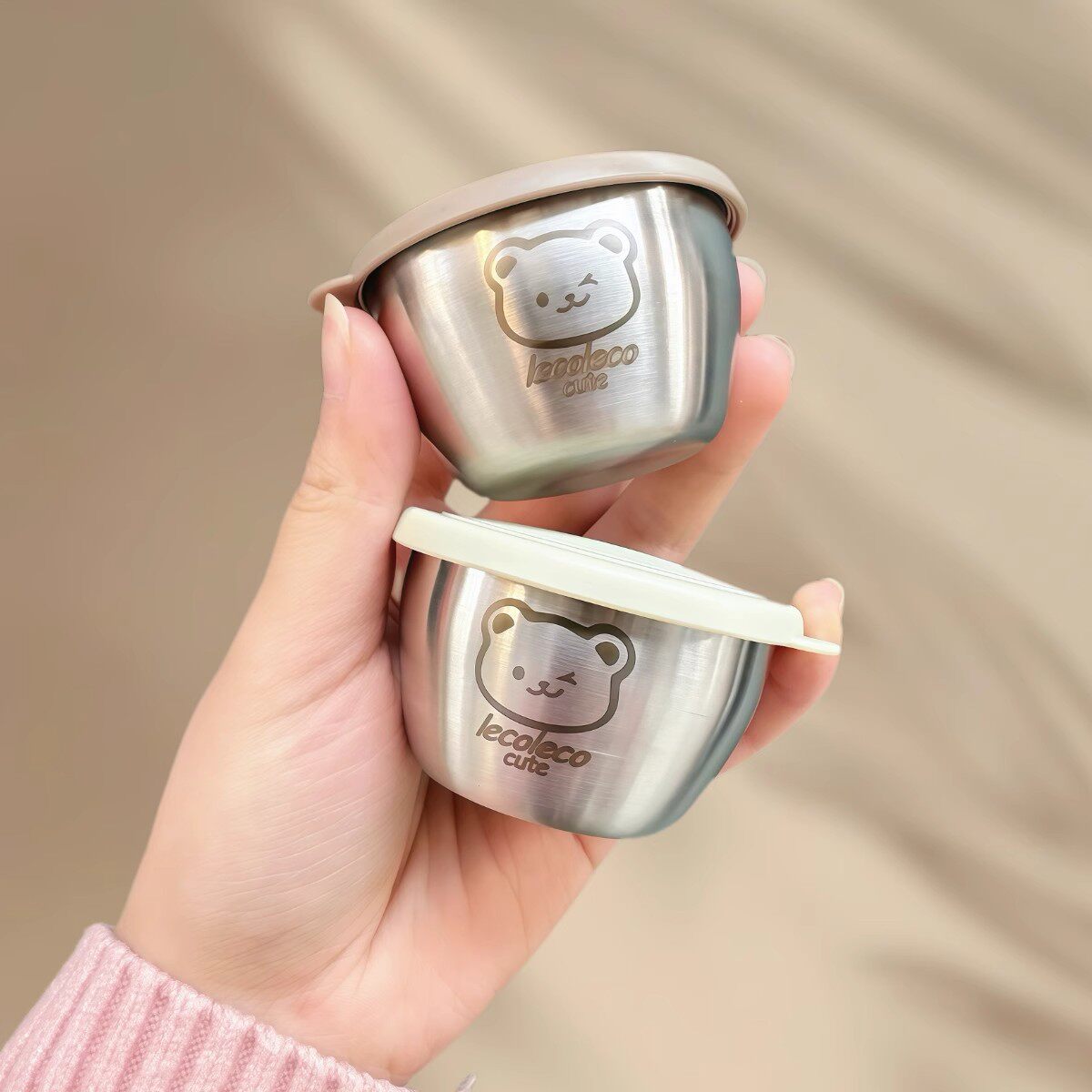 迷你便携蘸料调味盒卡通小熊碟子带盖番茄酱沙拉酱汁杯304不锈钢