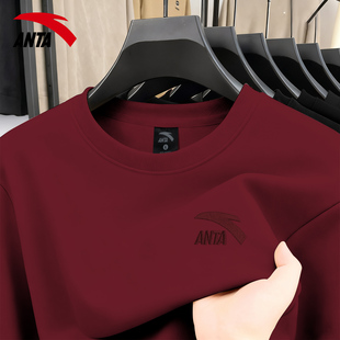 安踏长袖卫衣男秋冬纯色圆领内搭休闲上衣潮牌男款宽松加绒外套男