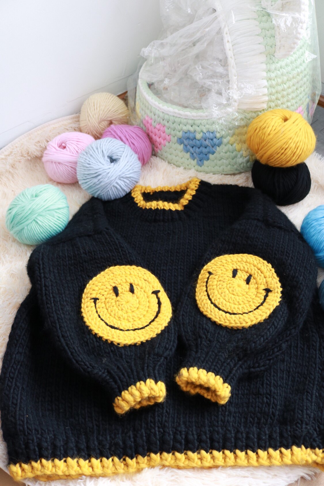 moon方圆纯手工编织笑脸棒针毛衣成品宽松版亲肤粗羊毛线材质包邮