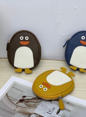 新款黑色可爱卡通企鹅短款竖款钱包证件驾驶证拉链真皮收纳包零钱
