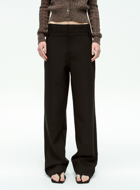 EMPTY PAGE黑色双腰头直筒宽松休闲裤西裤