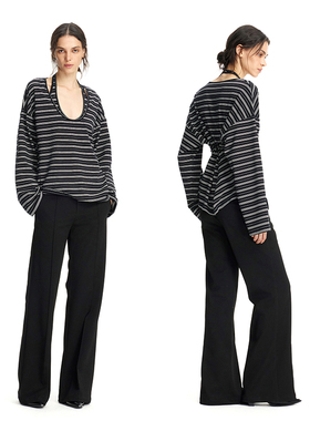 EMPTY PAGE  黑色/条纹真两件套宽松T恤大U领可收腰修身T恤