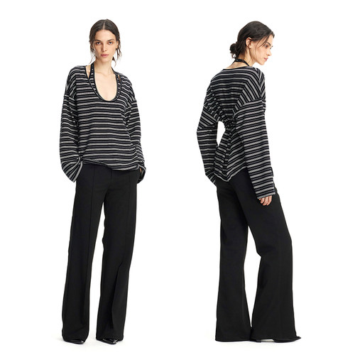 黑色/条纹真两件套宽松T恤