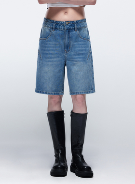 EMPTY PAGE夏季浅蓝色牛仔短裤女百搭宽松直筒薄款五分裤