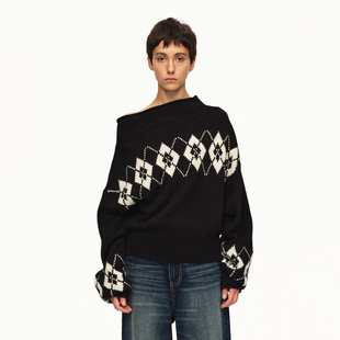 咖 黑 粉色费尔岛羊毛混纺毛衣菱形格斜肩一字肩毛衣 PAGE EMPTY