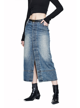 EMPTY PAG蓝色做旧前后开叉牛仔裙街头百搭显瘦水洗复古半身裙