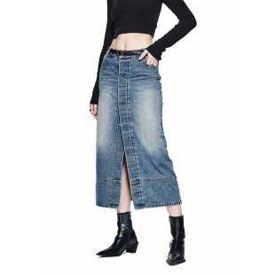 EMPTY PAG蓝色做旧前后开叉牛仔裙街头百搭显瘦水洗复古半身裙