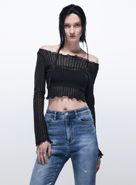 EMPTY PAGE黑色网纱一字肩打底衫女显瘦百搭长袖防晒露肩内搭