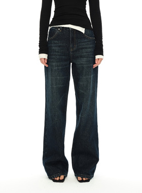 EMPTY PAGE 深蓝色水洗直筒猫须牛仔裤