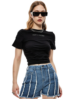 EmptyPage烫钻褶皱露脐字母T恤修身街头短款上衣纯棉打底短袖