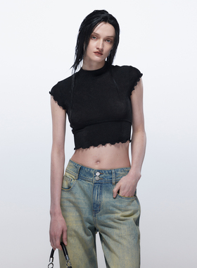 EMPTY PAGE黑/银灰色短款网纱修身T恤女荷叶边性感露脐弹力短袖