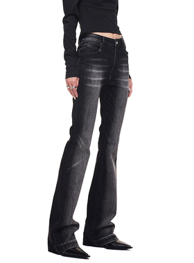 EMPTY PAGE黑色紧身弹力水洗牛仔裤女街头百搭显瘦显高时髦微喇裤