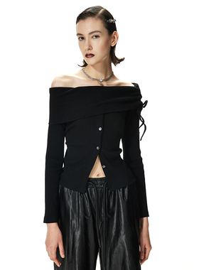 EmptyPage一字肩抽绳露肩长袖针织衫女黑色通勤修身套头打底衫