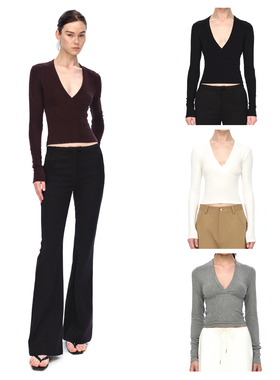 EMPTY PAGE黑/白/紫/灰色深V领分割打底衫百搭弹力显瘦T恤