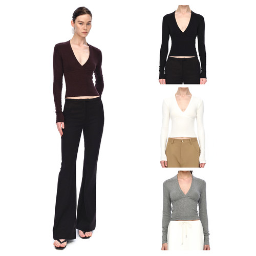 深V领分割打底衫百搭弹力显瘦