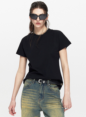 EMPTY PAGE黑色绣花基础款纯棉圆领短袖短款T恤