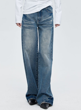 EMPTY PAGE蓝色复古水洗阔腿牛仔裤猫须做旧纹理休闲长款
