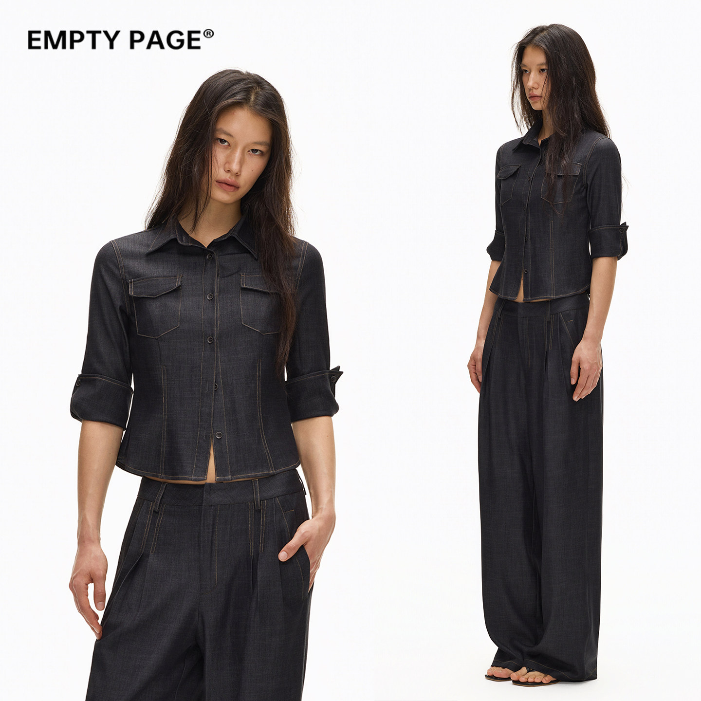 EMPTY PAGE夏季仿牛仔修身短款收腰衬衫百搭显瘦中袖衬衫