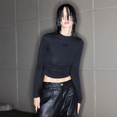 EMPTY logoT恤 女显瘦褶皱弹力修身 PAGE黑白两色纯棉长袖 打底衫