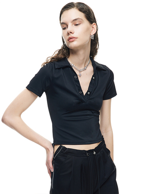 EmptyPage百搭弹力polo立领T恤女显瘦亲肤透气街头时髦修身短袖