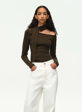 EMPTY PAGE绿色飘带修身弹力T恤显瘦打底衫