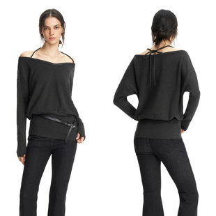 T恤弹力百搭显瘦打底衫 EMPTY PAGE深灰色宽松一字肩包臀长袖