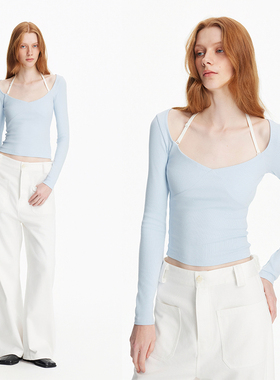 EMPTY PAGE 咖啡/浅蓝百搭修身打底衫可拆修肩带低领T恤