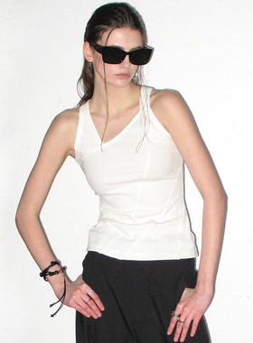 EMPTY PAGE黑/白/绿色弹性分割不对称修身型背心打底衫