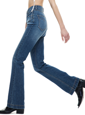 EmptyPage基础款百搭深蓝色直筒牛仔裤女水洗修身显瘦显高微阔脚