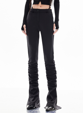EMPTY PAGE黑色弹力褶皱休闲喇叭裤女显瘦修身拉链开叉长裤