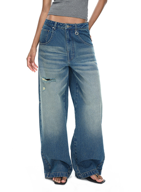 EMPTY PAGE夏季浅蓝色破洞阔腿牛仔裤