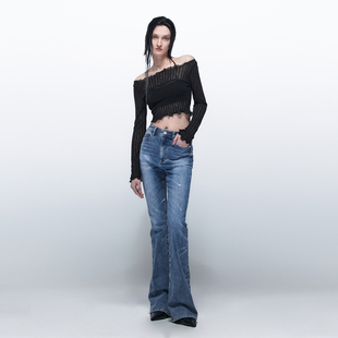 显瘦显高百搭喇叭长裤 女高腰修身 PAGE蓝色紧身弹力牛仔裤 EMPTY