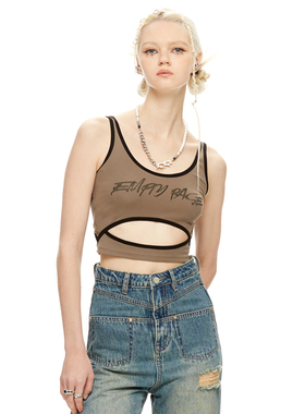 EmptyPage原创镂空吊带烫钻字母背心女百搭纯色透气纯棉圆领打底