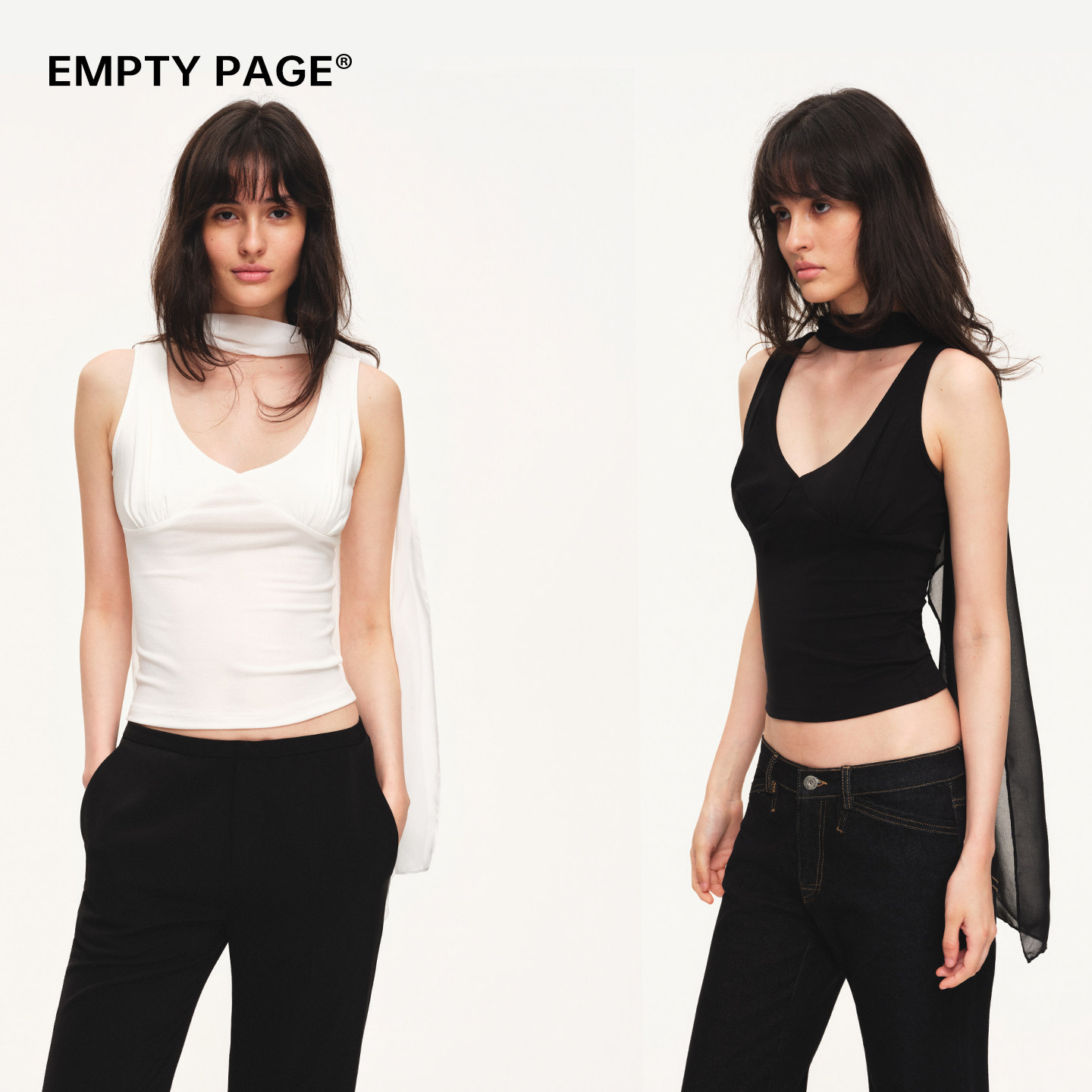 EMPTY PAGE黑/白真两件套飘带背心V领修身百搭斗篷背心