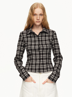 EMPTY PAGE 25秋冬 复古格子修身衬衫短款百搭衬衫