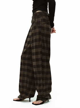 EMPTY PAGE深咖啡色格子可收腰休闲宽松长裤