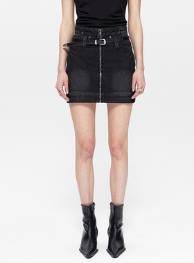 EMPTY PAGE拉链分割黑色牛仔裙高腰显瘦百搭A字半身裙