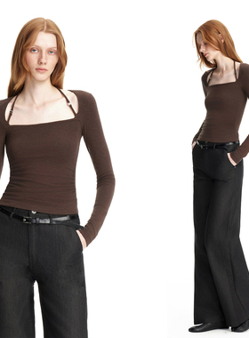 EMPTY PAGE 咖啡色金属扣装饰T恤弹力修身百搭打底衫