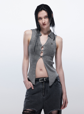 EMPTY PAGE夏季灰咖色毛织无袖背心女单排扣紧身弹力显瘦打底衫