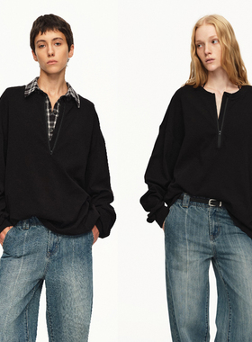 EMPTY PAGE 25秋冬 黑色拉链圆领宽松百搭T恤