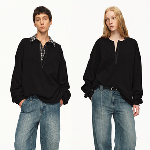 黑色拉链圆领宽松百搭T恤 25秋冬 EMPTY PAGE