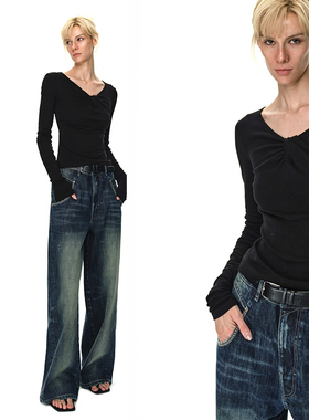 EMPTY PAGE黑/白色天丝羊毛针织打底衫弹力修身T恤