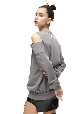 EmptyPage原创露肩分割拼接不对称 长袖T恤女灰色街头时尚潮卫衣