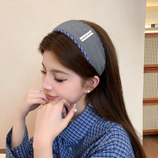 新款带齿宽发箍复古蓝色格子防滑头箍日系格纹拼接灰色高颅顶发饰